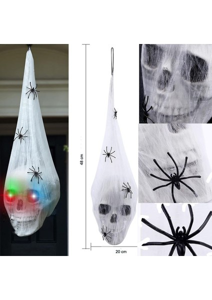 Halloween 48X20 cm Üzeri Ağlı Asılı Işıklı Kafatası Dekor Korku Süsü 1 Adet modelleri