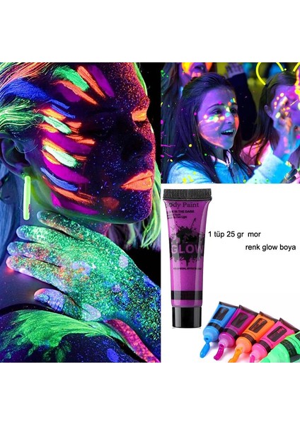 Karanlıkta Parlayan Yüz Yıkanabilir Neon Yüz Vücut Boyası Mor Renk
