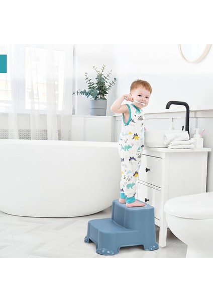 Kaydırmaz Çocuk Taburesi - Çift Basamaklı Banyo Lavabo Merdiven Yükseltici Bebek Basamağı Mavi