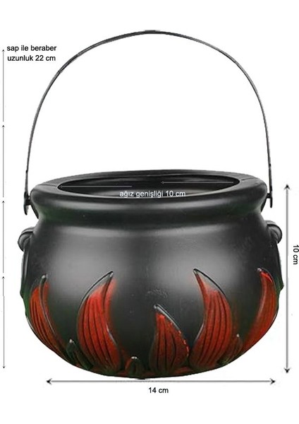 Halloween Cadı Kazanı Şeklinde Plastik Alevli Şeker Toplama Kovası Saplı Büyük Boy 1 Adet modelleri