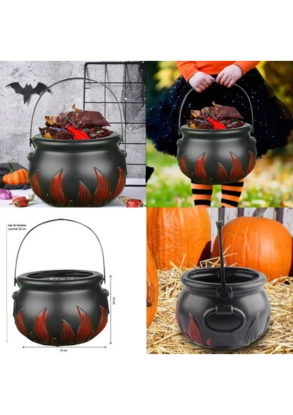 Halloween Cadı Kazanı Şeklinde Plastik Alevli Şeker Toplama Kovası Saplı Büyük Boy 1 Adet fırsatları