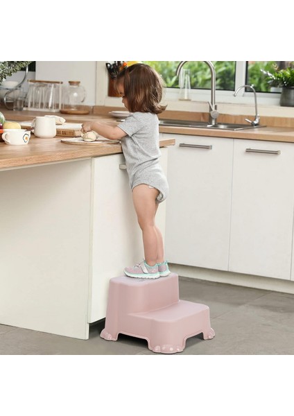 Kaydırmaz Çocuk Taburesi - Çift Basamaklı Banyo Lavabo Merdiven Yükseltici Bebek Basamağı Pembe