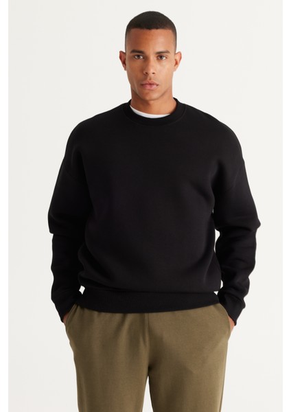 Erkek Siyah Oversize Fit Bol Kesim Pamuklu Içi Polarlı 3 Iplik Bisiklet Yaka Sweatshirt