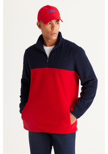 Erkek Lacivert-kırmızı Standart Fit Normal Kesim Günlük Rahat Çift Renkli Polar Spor Sweatshirt modelleri