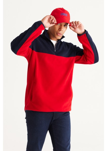 Erkek Lacivert-kırmızı Standart Fit Normal Kesim Günlük Rahat Çift Renkli Polar Spor Sweatshirt fırsatları