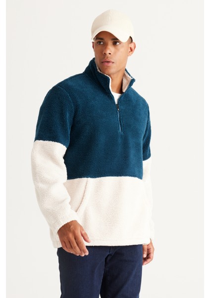 Erkek Petrol Tas Standart Fit Dik Bato Yaka Kanguru Cepli Çift Renkli Sherpa Polar Sweatshirt fiyatları