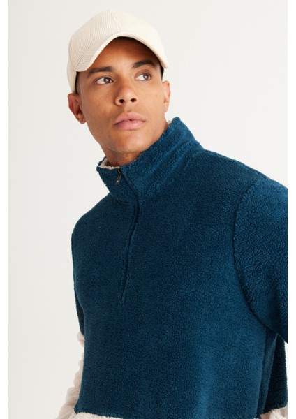 Erkek Petrol Tas Standart Fit Dik Bato Yaka Kanguru Cepli Çift Renkli Sherpa Polar Sweatshirt modelleri