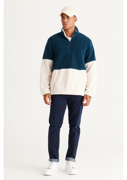 Erkek Petrol Tas Standart Fit Dik Bato Yaka Kanguru Cepli Çift Renkli Sherpa Polar Sweatshirt fırsatları