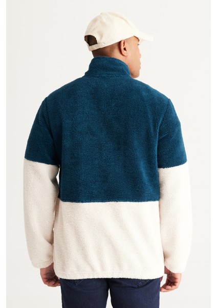 Erkek Petrol Tas Standart Fit Dik Bato Yaka Kanguru Cepli Çift Renkli Sherpa Polar Sweatshirt indirimleri
