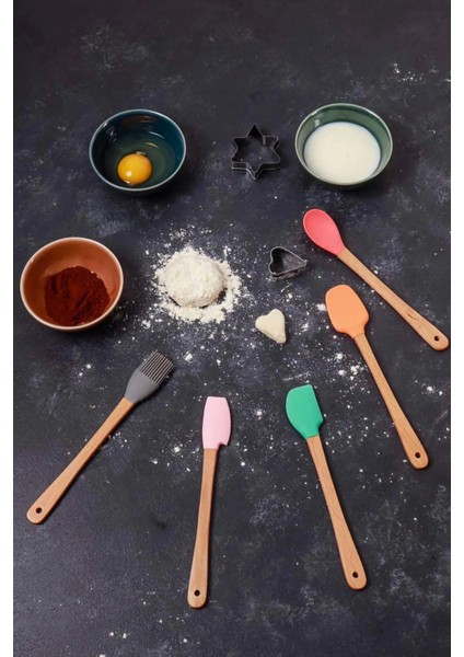 5 Parça Mini Silikon Spatula Kaşık Fırça Seti - High Quality - Bambu Saplı