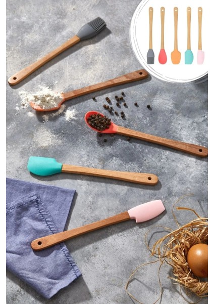 5 Parça Mini Silikon Spatula Kaşık Fırça Seti - High Quality - Bambu Saplı