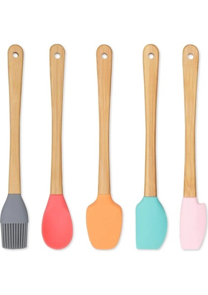 5 Parça Mini Silikon Spatula Kaşık Fırça Seti - High Quality - Bambu Saplı