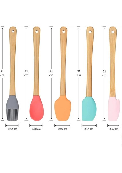 5 Parça Mini Silikon Spatula Kaşık Fırça Seti - High Quality - Bambu Saplı