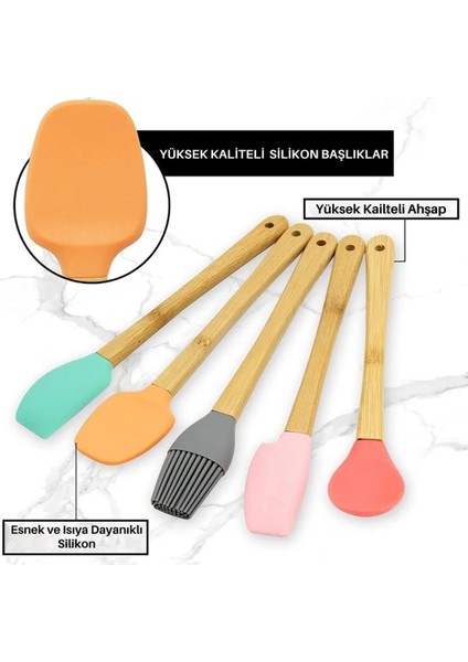 5 Parça Mini Silikon Spatula Kaşık Fırça Seti - High Quality - Bambu Saplı