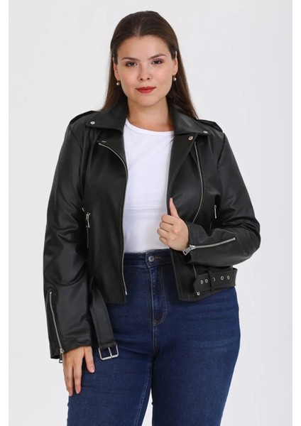 Büyük Beden Siyah Kemerli Deri Biker Ceket modelleri