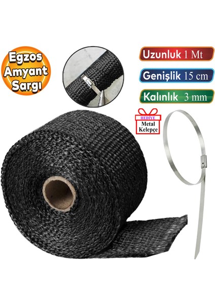 1 Metre 15 cm Cam Elyaf Eksoz Sargısı Metal Kelepçe Manifold Sargı Bezi Yanmaz Bant Siyah Amyant 3 mm (Kalınlık)