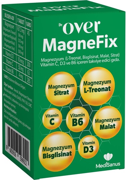 Magnefix 60 Tablet Magnezyum, L-Treonat, Bisglisinat, Malat, Sitrat, Vit C, D3 ve B6 Gıda Takviyesi