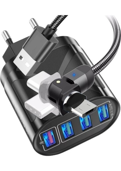 Z7 Şarj Adaptörü 4 Port + J4 Micro USB 180 Derece 3A Şarj Kablosu -2mt