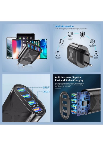 Z7 Şarj Adaptörü 4 Port + J4 Micro USB 180 Derece 3A Şarj Kablosu -2mt modelleri