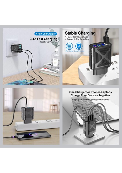 Z7 Şarj Adaptörü 4 Port + J4 Micro USB 180 Derece 3A Şarj Kablosu -2mt fırsatları