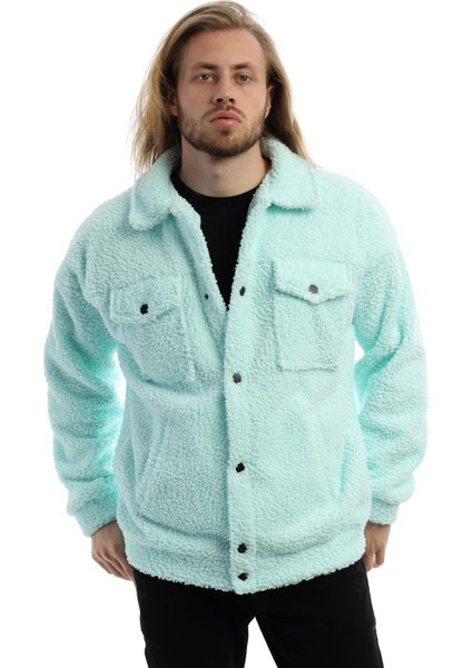Erkek Oversize Çıt Çıt Kapamalı Cepli Mint Peluş Ceket