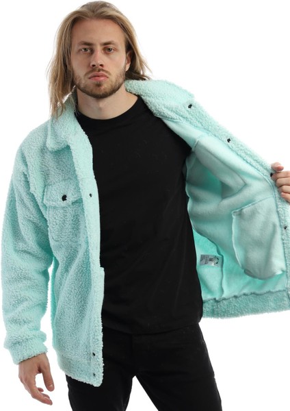 Erkek Oversize Çıt Çıt Kapamalı Cepli Mint Peluş Ceket modelleri