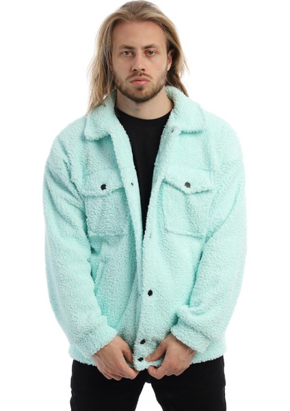 Erkek Oversize Çıt Çıt Kapamalı Cepli Mint Peluş Ceket fırsatları