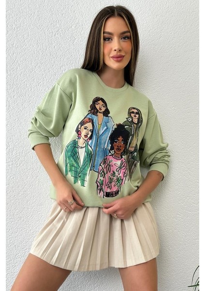 Kadın Oversize Baskılı Ribanalı Örme Sweatshirt