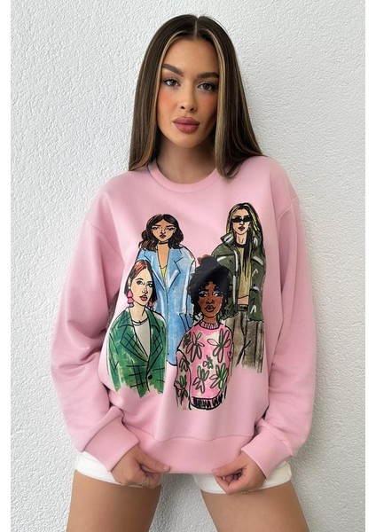 Kadın Oversize Baskılı Ribanalı Sweatshirt