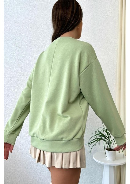 Kadın Oversize Baskılı Ribanalı Örme Sweatshirt