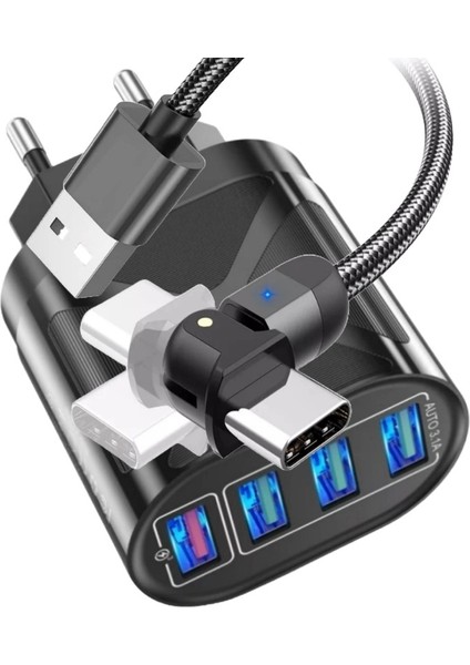 Z7 Şarj Adaptörü 4 Port + J4 Type-C 180 Derece 3A Şarj Kablosu -2mt