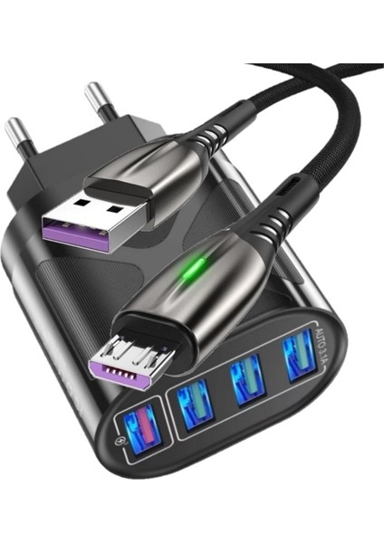 Z7 Şarj Adaptörü 4 Port + J2 Micro USB 5A/100W Şarj Kablosu -2mt
