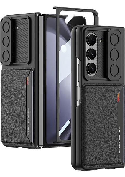 Samsung Galaxy Z Fold 5 Kılıf Kamera Sürgülü Kartvizitli Deri Arka Yüzey Siyah