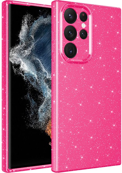 Galaxy S22 Ultra Kılıf Koton Simli Silikon Arka Kapak Kamera Korumalı Pembe Koyu