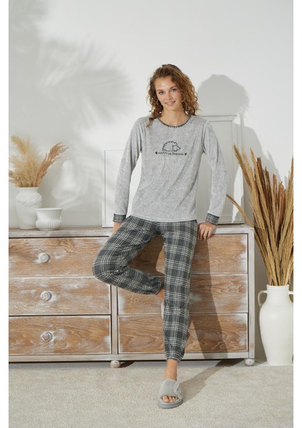 Kadın Uzun Kol Jakarlı Kalın Gri Pijama Takımı C1T5N3O44