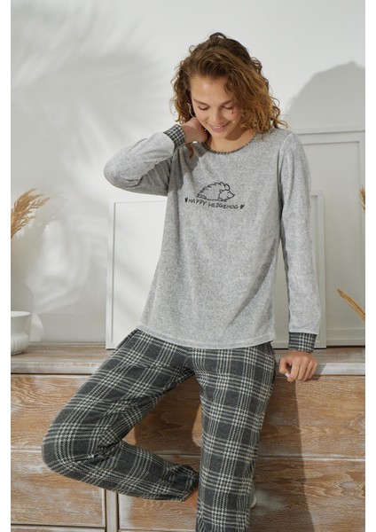 Kadın Uzun Kol Jakarlı Kalın Gri Pijama Takımı C1T5N3O44