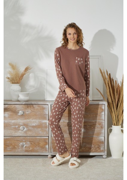 Kadın Uzun Kol Jakarlı Kalın Kahve Pijama Takımı C1T5N1O95