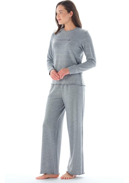 Kadın Simli Jakar Uzun Kol Gri Pijama Takımı C4T9N0O3
