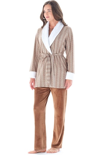 Kadın Balık Sırtı Jakar 3 Lü Hardal Pijama Takımı C4T9N1O2