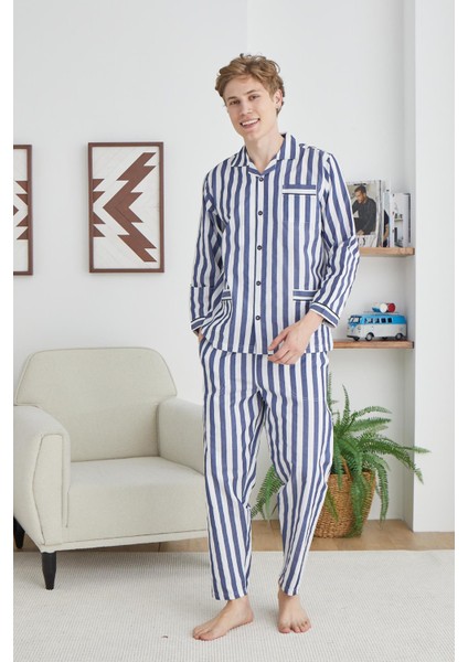 Erkek Mavi Çizgili Klasik Pijama Takımı C4T0N07