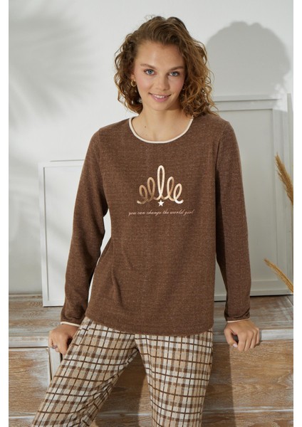 Kadın Uzun Kol Jakarlı Kalın Kahve Pijama Takımı C1T5N0O45 indirimleri