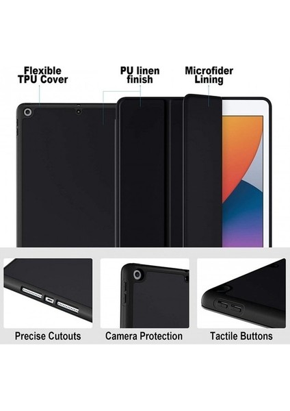 Apple iPad Pro 10.5 Kılıf Yatay Standlı Uyku Modlu Kalem Bölmeli Arkası Silikon Smart Kılıf (Model A1701,A1709,A1852)