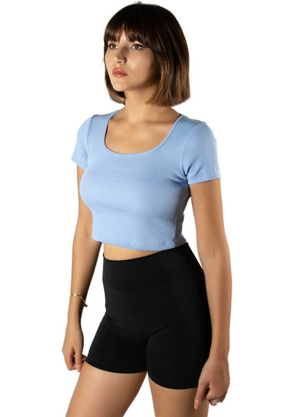 Kadın Mavi Havuz Yaka Fitted/vücuda Oturan Kısa Kol Crop Tişört 23K-TRP-CRP04