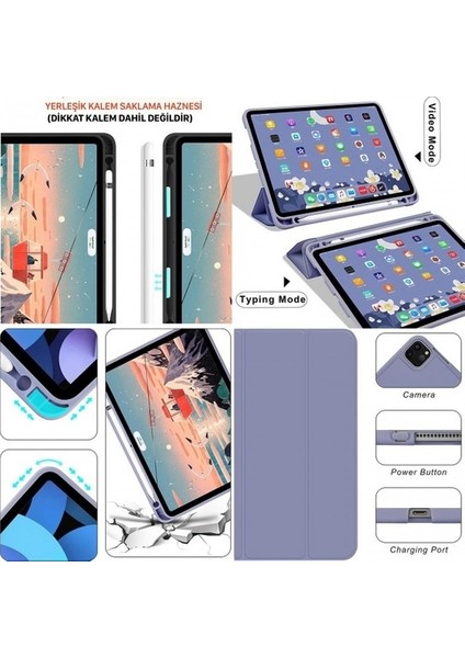 Apple iPad Pro 12.9 6.nesil 2022 M2 Çipli Kılıf Yatay Standlı Uyku Modlu Kalem Bölmeli Arkası Silikon Smart Kılıf (Model A2436,A2764/37)