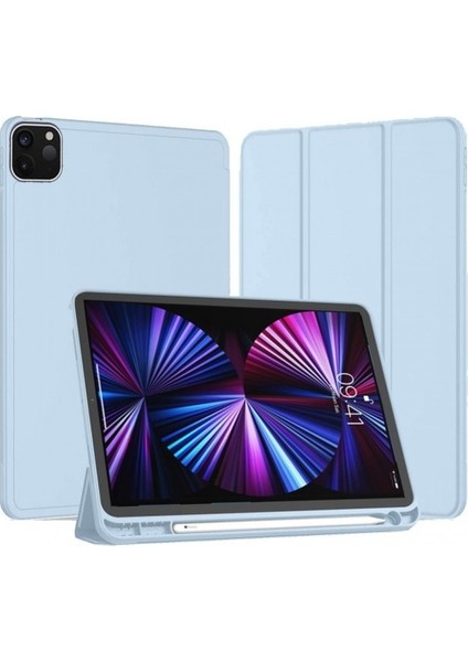Apple iPad Pro 12.9 5.nesil 2021 M1 Çipli Kılıf Yatay Standlı Uyku Modlu Kalem Bölmeli Arkası Silikon Smart Kılıf (Model A2378,A2461,A2379)