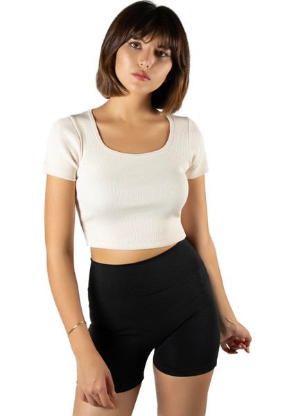 Kadın Krem Havuz Yaka Fitted/vücuda Oturan Kısa Kol Crop Tişört 23K-TRP-CRP04 fiyatları