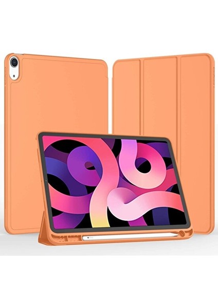 Apple iPad Air 5 10.9 2022 Kılıf Yatay Standlı Uyku Modlu Kalem Bölmeli Arkası Silikon Smart Kılıf (Model A2588,A2589,A2591)