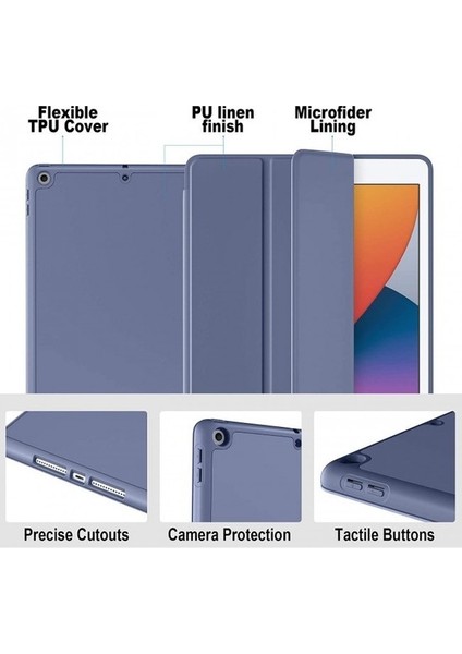 Apple ipad 9.7 2017 5.nesil Kılıf Yatay Standlı Uyku Modlu Kalem Bölmeli Arkası Silikon Smart Kılıf (Model A1822,A1823) fiyatları