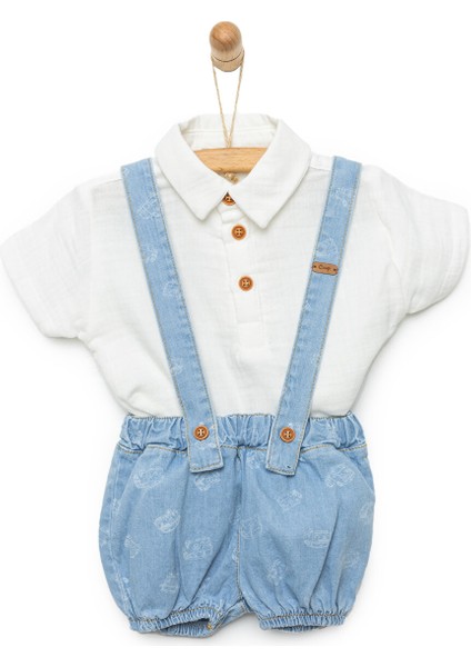 Yenidoğan Denim Şort Salopet-Gömlek 2li Takım Erkek Bebek