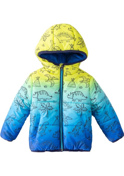 Dinazor Desenli Kapüşonlu ve Içi Polarlı Erkek Çocuk Montu-Dar Kalıp